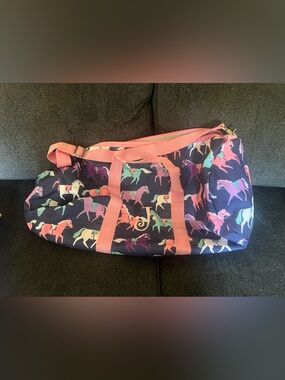 Pottery Barn Kids Navy Pink Equestrian Horse Print Large Duffle Bag Monogram J